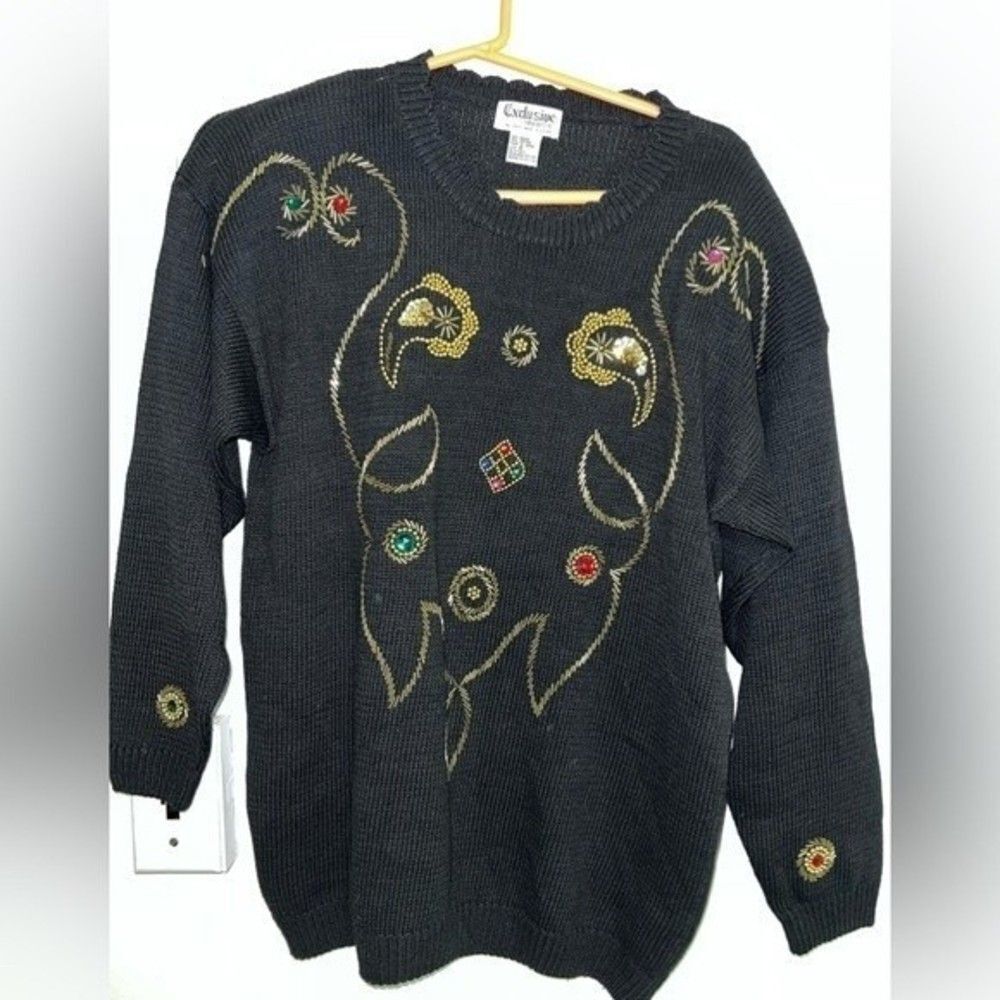 Vintage Exclusive Imports Black Beaded Sweater Size M